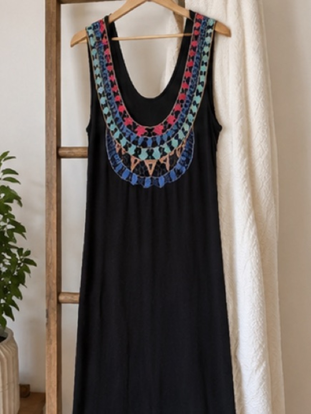 Black Maxi Dress Colorful Crochet Bib Neck Boho Festival S/M US 4 - US 6 - Picture 2 of 5